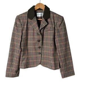 Vintage 100% Wool‎ Tweed Fitted Blazer Jacket in Brown Tan Houndstooth Plaid, 8